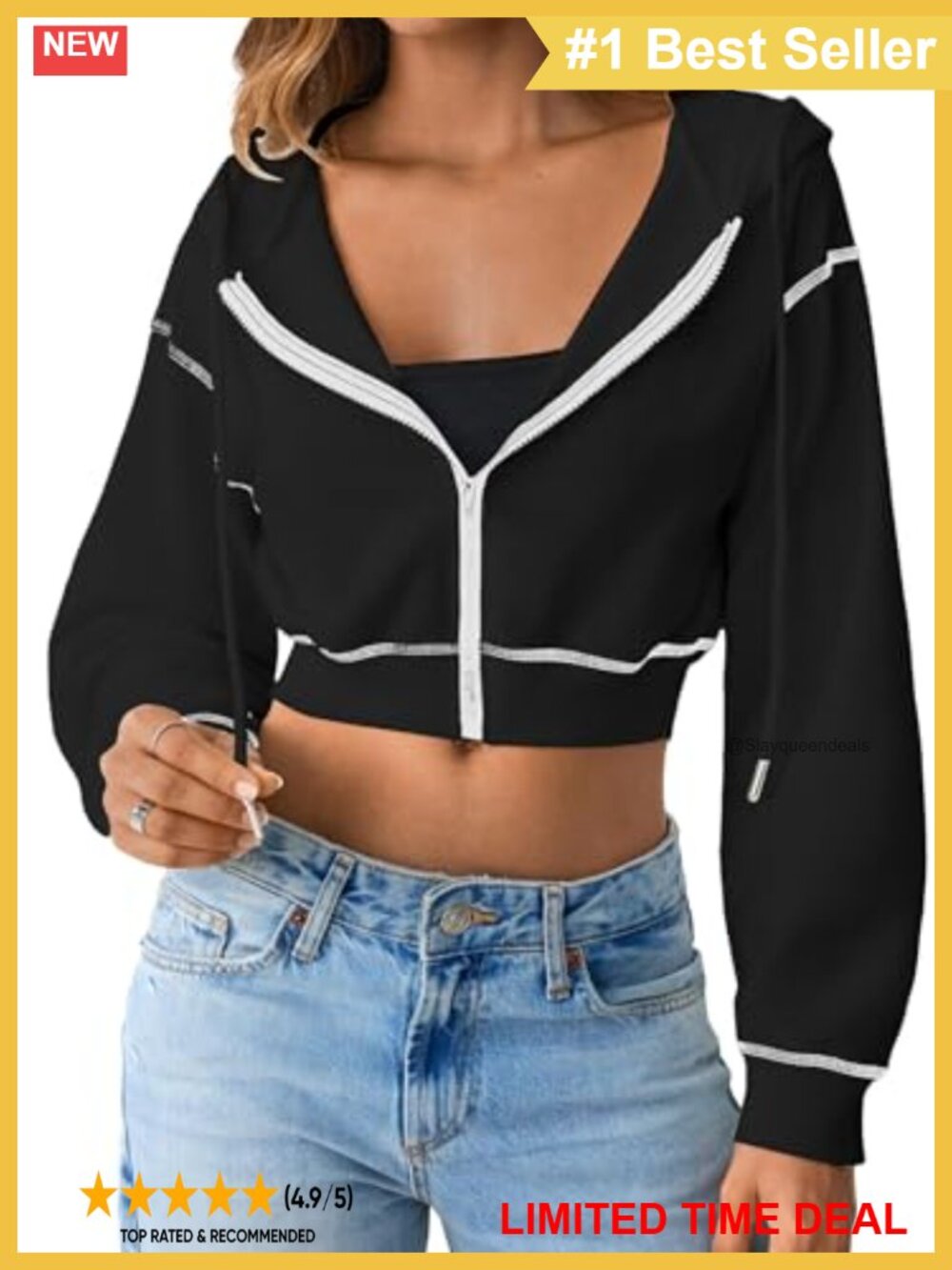 Remidoo Women's Cropped Zip Up Hoodie Contrast Trim Long Sleeve Jacket